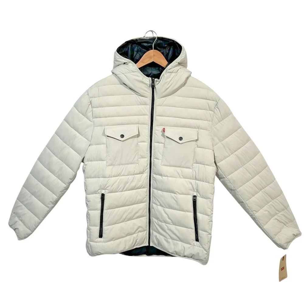 Levis Mens Stretch Quilted Puffer Jacket XL Off-White-Ice Hooded Water Resistant